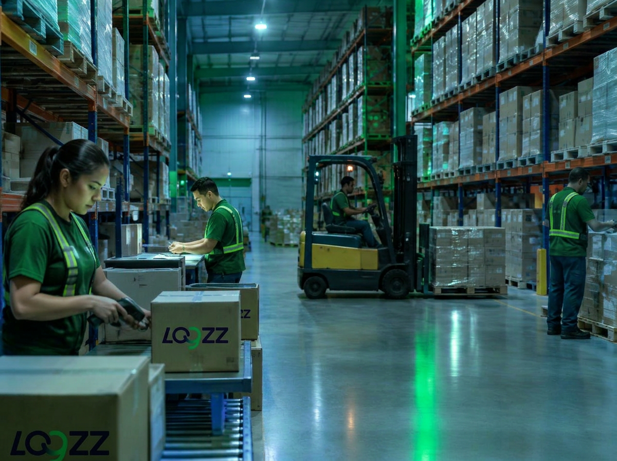 Centro de distribuição com porta-paletes e equipe preparando expedições