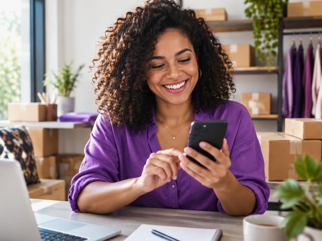 Empreendedora usando a plataforma pelo celular