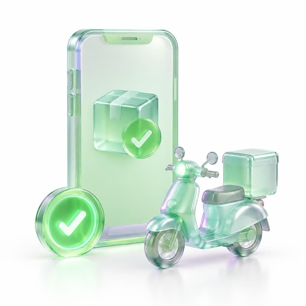 Ilustração de celular com pedido confirmado e moto de entrega